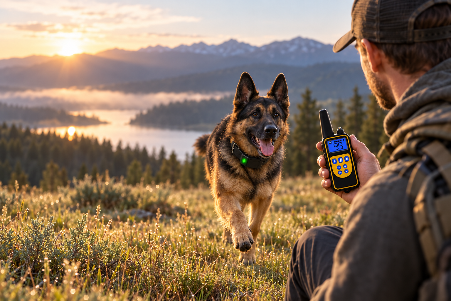 Dog wearing the Forge K9 receiver during outdoor recall training