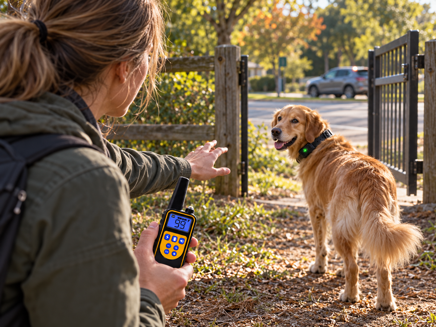 Working dog training near a gate