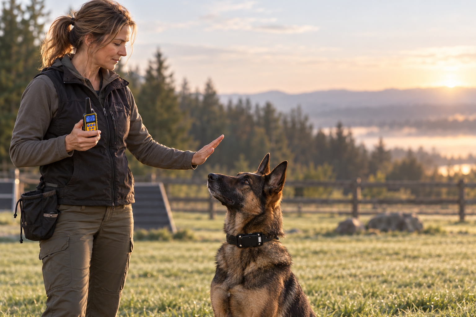 Dog trainer practicing a clear cue with a working dog